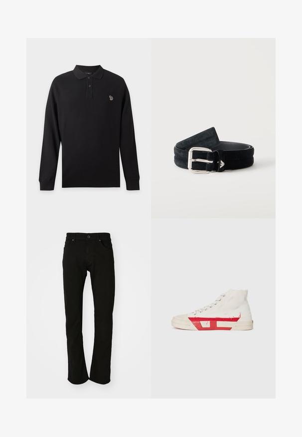Schwarzes Poloshirt mit langen Ärmeln, zwei Knöpfen und kleinem bunt besticktem Zebra-Logo auf der linken Brust.; Schwarze Jeans aus Denim mit geradem Beinanschnitt, ausgestattet mit einem klassischen Bund, Fronttaschen und einer glatten Textur. Keine sichtbaren Muster oder Akzente.; Hoch oben Sneakers mit einem weißen Canvas-Obermaterial, roten Gummiakzenten und einem fransigen Saumdetail, silbernen Ösen und einer strukturierten Sohle.; Schwarzer Wildledergürtel mit silberner rechteckiger Schnalle und kleinem dreieckigem Metall-Logo nahe der Schnalle, auf weißem Hintergrund aufgerollt.