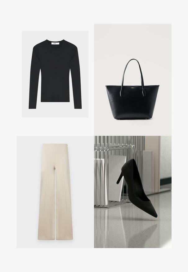 Pull noir en maille côtelée à manches longues avec encolure ronde et silhouette ajustée, avec une étiquette de marque blanche "DAY" à l’intérieur du col.; Pantalons amples beiges en tissu doux avec une texture lisse. Dotés d'une taille élastique haute pour le confort et d'un design épuré et minimaliste.; Chaussure noire à talons hauts équilibrée sur son talon sur un comptoir réfléchissant près de porte-dossiers métalliques avec des dossiers blancs.; Sac cabas en cuir noir avec deux bretelles et logo « BOSS » doré centré près du haut.