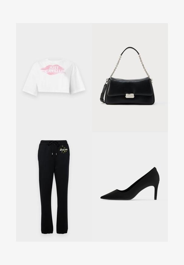 Wit cropped T-shirt met brede mouwen, met een roze lippenafdruk en de tekst "JUST CAVALLI" in wit over de borst.; Zwarte trainingsbroek met elastische tailleband en koord, voorzien van een kleine gele graphic en elastische boorden bij de enkels.; Zwarte hoge hak met puntige neus, smalle hak en gladde matte afwerking, zijaanzicht op een witte achtergrond.; Zwarte leren handtas met een gebogen vorm, ketting- en leren handvat, zilveren beslag en een geperst logo op de voorkant.
