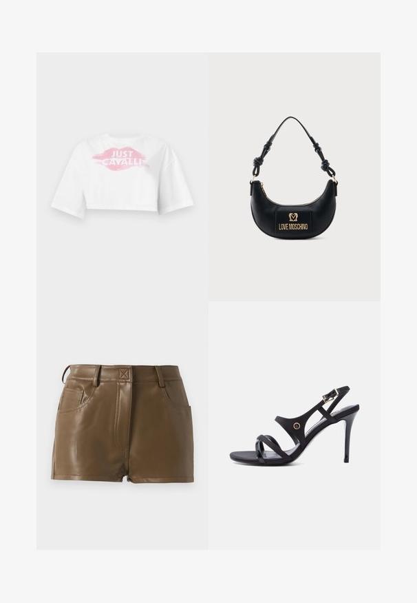 Hvid kort T-shirt med brede ærmer, der viser et pink læbemønster og teksten "JUST CAVALLI" i hvidt tværs over brystet.; Brune imitation lædershorts med et tætsiddende design, talje med bæltestropper, forlommer og synlige sømdetaljer.; Sort højhælet sandal med tynde stropper, en anklespænde og en slank stiletthæl på hvid baggrund.; Sort halvmåneformet håndtaske med knyttet håndtag og guld "Love Moschino" logo plaque foran, lynlåslukning øverst.