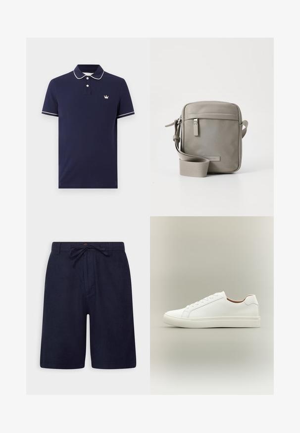 Polo azul marino con ribete blanco en el cuello y las mangas, dos botones blancos y pequeño logo de corona blanca en el pecho izquierdo.; Pantalones cortos azul marino hechos de una tela ligera, con cintura ajustable, cierre de botón y bolsillos laterales. Textura suave y corte entallado.; Zapatilla blanca de corte bajo con cierre de cordones y suela plana, mostrada de perfil sobre un fondo neutro.; Bolso cruzado gris con una textura suave, forma rectangular, correa ajustable, bolsillo con cremallera en la parte frontal y un logotipo de marca sutil en la parte delantera.