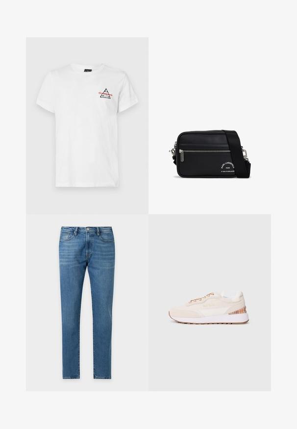 Witte katoenen t-shirt met een ronde halslijn en korte mouwen. De voorkant heeft een zwart driehoekig logo met rode accenten.; Heren blauwe denim jeans met rechte pijpen, voorste knoop, ritsvlieg en een ontwerp met vijf zakken op een effen lichte achtergrond.; Sneakers met een beige suède bovenkant, witte accenten, een brown rubberen zool en kleurrijke gestreepte details op de hiel; heeft brown veters.; Zwarte synthetische schoudertas met zilveren rits, verstelbare schouderriem en een logo-print. Heeft een rechthoekige vorm en een gladde textuur.