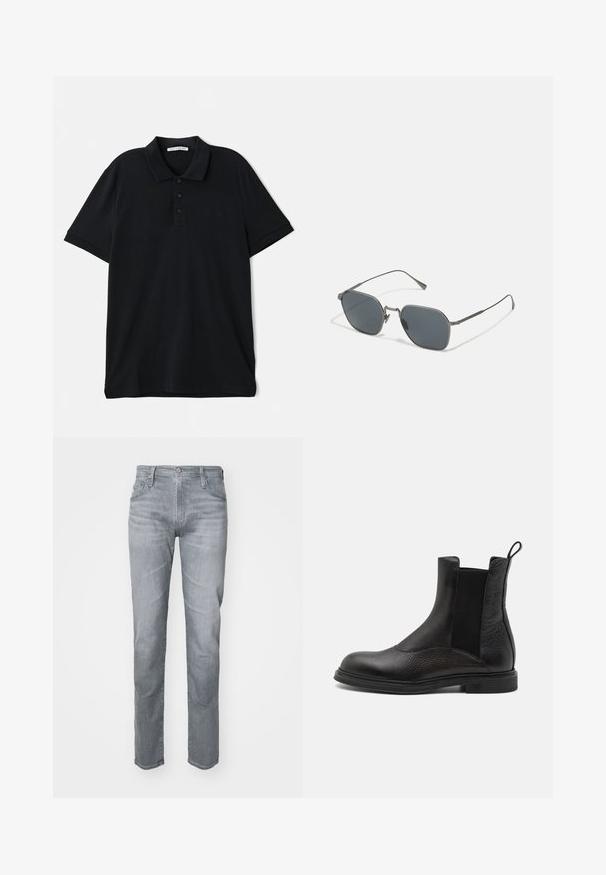 Zwarte polo t-shirt van katoen, met een klassieke kraag, een drieknoopsluiting, korte mouwen en een subtiele logo-detail aan de voorkant.; Grijze denim jeans met een rechte snit, vijf zakken, riemlussen en een knoopsluiting aan de voorkant. Subtiele vervaging voor textuur.; Emporio Armani Lage laarzen - nero; Zonnebril met grijze lenzen en een metalen frame. Heeft een hoekige vorm en dunne armen met subtiele details. Geen prominente versieringen.