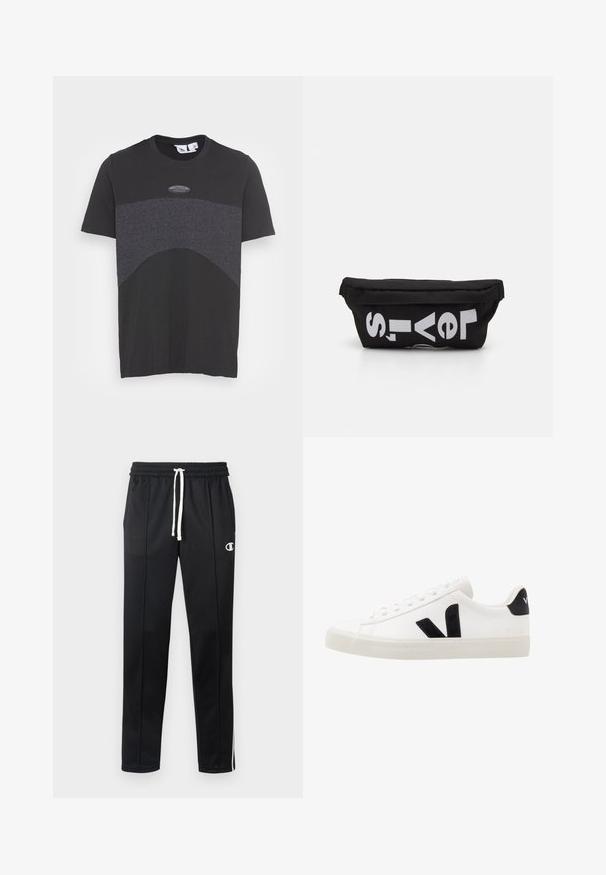 Sort T-shirt med korte ærmer, der har en buet grå panel over brystet, rund Adidas-logo patch og en blød bomuldsstruktur.; Sorte atletiske bukser med hvid snor, sidelister, frontlommer og et lille hvidt Champion-logo på venstre lår.; Hvide lædersneakers med sorte ruskindsdetaljer; har en gummisål, rund tå og klassisk snørebåndsdesign. Side logo i sort.; Sort stoftaske med flad form, prydet med fed hvid tekst. Lynlåsen er placeret øverst, med en løkke detalje på den ene side.