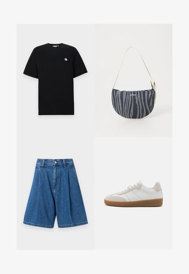 Sort bomulds T-shirt med korte ærmer, der har broderet en lille hvid blomst på venstre bryst. Standard pasform og rund halsudskæring.; Blå denim bermudashorts med plisseret front, der har en standard talje og en knaplukning. Glat tekstur og lige ben.; Hvide lædersneakers med beige ruskindsdetaljer, struktureret tunge og gummisål. Har hvide snørebånd og diskrete stikninger.; Denim taske med en buet form, der har et navy og lyseblåt zebra-stribemønster, hvid strop og brandlogoet tydeligt præsenteret.
