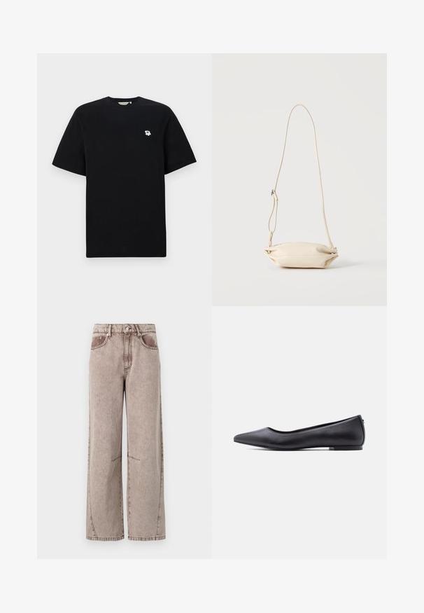 Camiseta de algodón negra de mangas cortas, con un pequeño bordado de flor blanca en el pecho izquierdo. Diseño de ajuste estándar y cuello redondo.; Pantalones de mezclilla de pierna ancha y cintura alta en marrón claro, con una sutil textura, diseño de cinco bolsillos y costuras visibles.; Zapato plano de cuero negro con punta puntiaguda y tacón bajo, mostrado de perfil contra un fondo blanco.; Bolso bandolera pequeño de cuero beige con correa ajustable, mostrado sobre un fondo claro y liso.