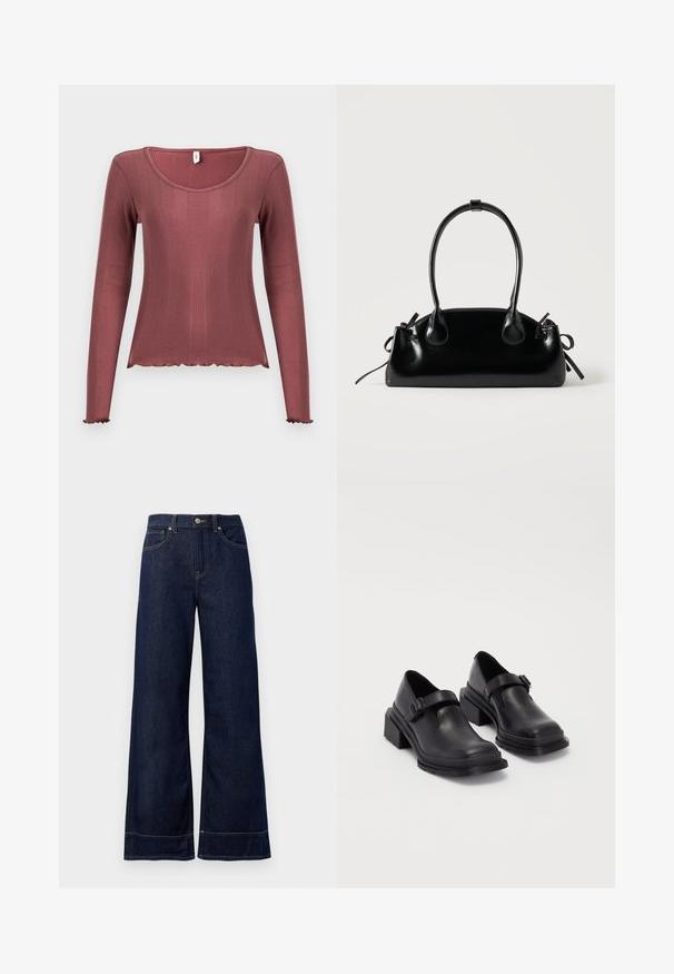 Top de manga larga en color rosa polvoriento, textura acanalada, escote redondo, dobladillo y puños con borde ondulado, confeccionado con material de punto suave.; Jeans rectos de mezclilla color azul oscuro. Presentan un cierre de botón, detalles de costura y bolsillos laterales. Dobladillo acampanado.; Zapatos de cuero negros con punta redondeada, suela plana y una correa con detalle de hebilla. Tacón cuadrado grueso para mayor estabilidad.; Pequeño bolso negro brillante con dos asas largas y detalles de cordón lateral sobre un fondo claro liso.