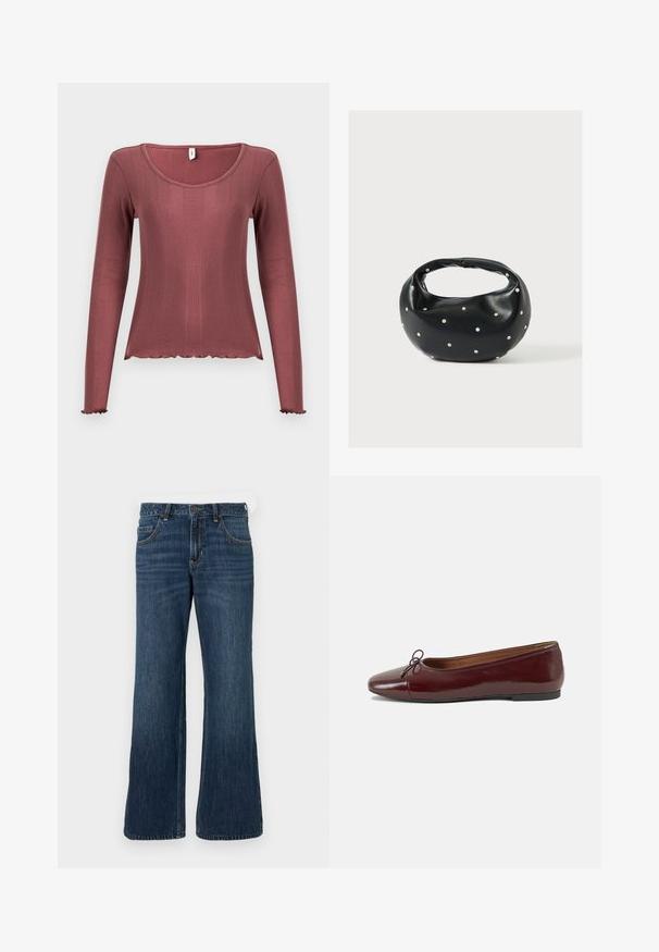 Langærmet top i støvet rosa med ribbet tekstur, rundudskæring, bølget kant forneden og ved manchetten, lavet af blødt strikmateriale.; Mørkeblå jeans med vide ben og klassisk design med fem lommer, der har knaplukning og diskret falming. Fremstillet af denimstof.; Bordeaux patentlæder balletflad med rund tå, lille sløjfeaccent foran og en lav, sort gummisål. Glat tekstur.; Sort læderhåndtaske med en rundet form, dekoreret med sølvnitter, og et kort håndtag. Glat tekstur og lynlåslukning.