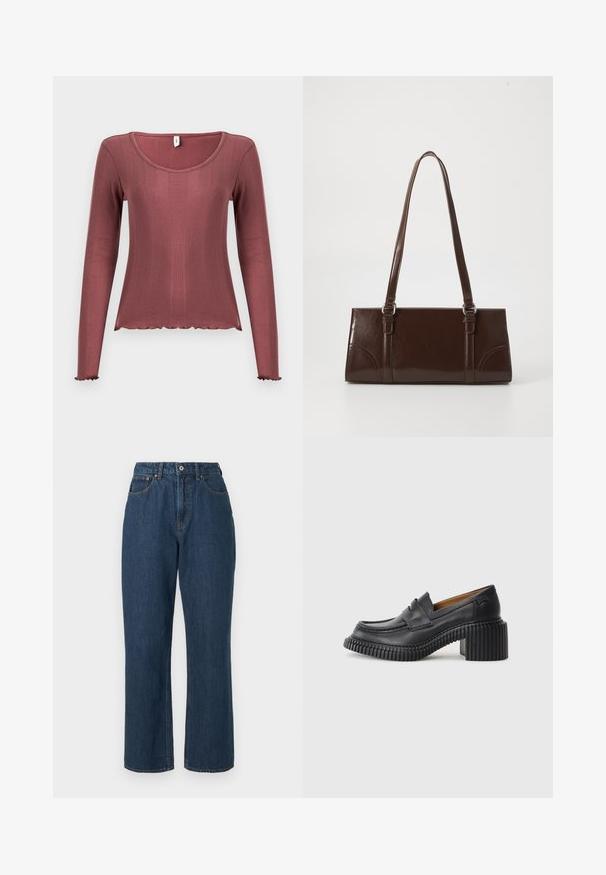Langærmet top i støvet rosa med ribbet tekstur, rundudskæring, bølget kant forneden og ved manchetten, lavet af blødt strikmateriale.; Blå denim jeans med høj talje, bred bendesign, synlig syning og en enkelt knaplukning fortil. Struktureret stof med en glat finish.; Sorte læderloafers med en tyk, rillede gummihæl. Har en rund tå og et vandret rem over vamps. Tekstureret sål.; Brun lakeret håndtaske med rektangulær form, to lange håndtag og subtile buede detaljer på fronten.