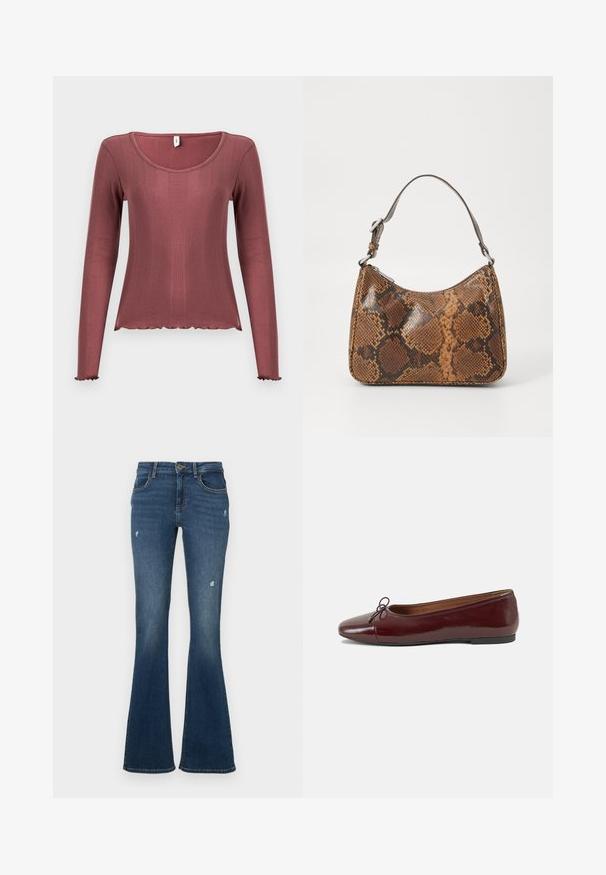 Langærmet top i støvet rosa med ribbet tekstur, rundudskæring, bølget kant forneden og ved manchetten, lavet af blødt strikmateriale.; Flared jeans i mørkeblå denim med slidte områder. Har fem lommer og lynlås foran. Mellemvægtigt stof med en glat tekstur.; Bordeaux patentlæder balletflad med rund tå, lille sløjfeaccent foran og en lav, sort gummisål. Glat tekstur.; Lille håndtaske med brun og sort slangeskinn mønster, kort justerbar rem og lynlåslukning.