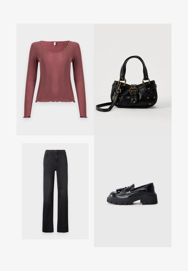 Langærmet top i støvet rosa med ribbet tekstur, rundudskæring, bølget kant forneden og ved manchetten, lavet af blødt strikmateriale.; Sorte denim straight-leg jeans med høj talje, fem-lomme design og synlig syning. Glat tekstur med en let falmet finish.; Sorte læder loafers med en klumpet, bølget sål, der har en dekorativ kvast på forsiden og en glat, blank overflade.; Sort læderhåndtaske med guldbælge og nitdetaljer, korte håndtag og en justerbar skulderrem på en ensfarvet hvid baggrund.