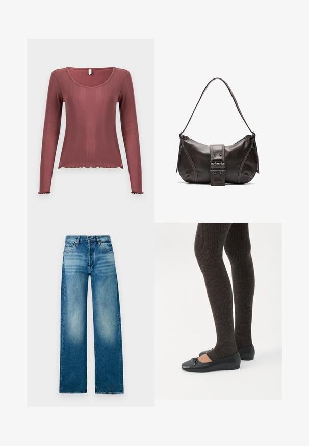 Top met lange mouwen in zachtroze, met geribbelde textuur, ronde halslijn, gegolfde zoom en manchetten, gemaakt van zacht gebreid materiaal.; Lichtblauwe denimjeans met een hoge taille, wijde pijpen en een vervaagde afwerking. Voorzien van een klassiek five-pocket ontwerp en metalen knoopsluiting.; Benen met donkere geribbelde leggings gecombineerd met zwarte ballerina's met kleine strikdetails op een witte achtergrond.; Bruine leren schoudertas met een gebogen vorm, voorzien van een opvallende gespdetail, contrasterende stiksels en een enkele schouderband.