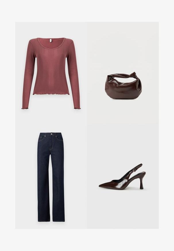 Haut à manches longues couleur rose poudré, texture côtelée, encolure dégagée, ourlets et poignets festonnés, confectionné en matière tricotée douce.; Jeans en denim bleu foncé avec une coupe droite, style classique à cinq poches, couture visible et fermeture à bouton à l'avant.; Talons slingback en cuir verni brun avec un bout pointu, un talon fin, et une sangle réglable avec une petite boucle.; Sac bandoulière en cuir marron foncé avec une forme souple et décontractée et une anse nouée torsadée sur un fond blanc uni.