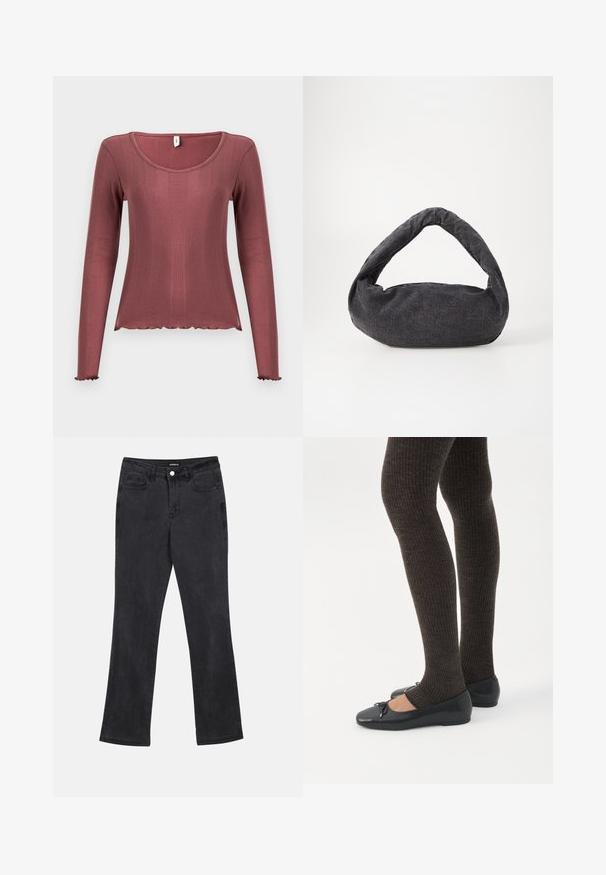 Langærmet top i støvet rosa med ribbet tekstur, rundudskæring, bølget kant forneden og ved manchetten, lavet af blødt strikmateriale.; Sorte lige ben jeans med front- og baglommer, bæltestropper og knaplukning i taljen.; Ben iført mørke ribbede leggings kombineret med sorte balletsko med små sløjfedetaljer på hvid baggrund.; Mørkegrå stofpose med et buet håndtag, blød tekstur og rund form. Ingen synligt hardware eller pynt.