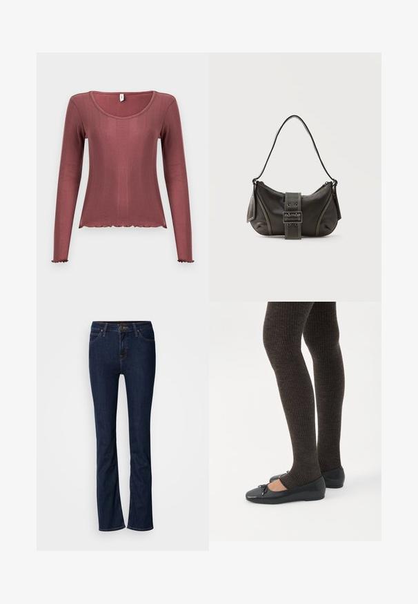 Langærmet top i støvet rosa med ribbet tekstur, rundudskæring, bølget kant forneden og ved manchetten, lavet af blødt strikmateriale.; Mørkeblå denim jeans med lige ben-design, fem-lomme stil og lys syning. Linningen har en metal-knap lukning.; Ben iført mørke ribbede leggings kombineret med sorte balletsko med små sløjfedetaljer på hvid baggrund.; Sort læder skuldertaske med spænde på remmen, afrundede kanter og kontrasterende hvide syninger på en ensfarvet baggrund.