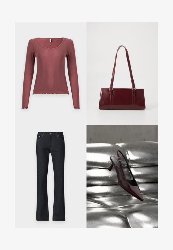 Haut à manches longues couleur rose poudré, texture côtelée, encolure dégagée, ourlets et poignets festonnés, confectionné en matière tricotée douce.; Jean en denim bleu foncé avec une coupe évasée, coutures jaunes, fermeture par bouton et cinq poches. Texture lisse, coupe standard.; Escarpin slingback à talon haut, rouge foncé brillant avec bout pointu, présenté sur une surface en cuir argenté capitonné et brillant.; Sac à main bordeaux en matériau brillant, de forme rectangulaire, avec deux anses et des accents légèrement courbés à l'avant.