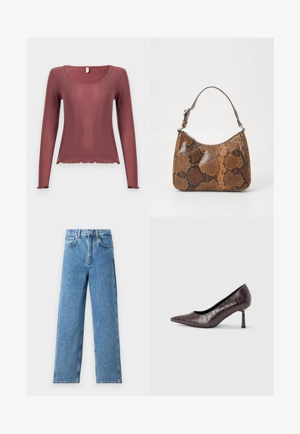 Langærmet top i støvet rosa med ribbet tekstur, rundudskæring, bølget kant forneden og ved manchetten, lavet af blødt strikmateriale.; Lysblå lige ben jeans lavet af denim, med høj talje, frontknaplukning og fem-lomme design med synlige sømme.; Brune kunstlæder stiletter med spidse tæer og krokodilletekstur, der har en slank, vinklet hæl og en glat inderside.; Lille håndtaske med brun og sort slangeskinn mønster, kort justerbar rem og lynlåslukning.