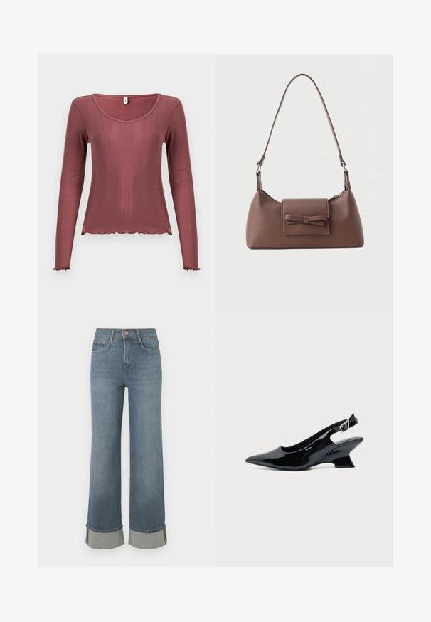 Top met lange mouwen in zachtroze, met geribbelde textuur, ronde halslijn, gegolfde zoom en manchetten, gemaakt van zacht gebreid materiaal.; Wijdvallende blauwe denim jeans hebben een hoge taille, opgerolde hems met grijze accenten, een vijf-pocket ontwerp en een knoopsluiting aan de voorkant.; Zwarte lakleren slingback schoen met spitse neus en lage schuine blokhak op een effen lichte achtergrond.; Bruine leren schoudertas met een voorvak met klep en een gestikte strikdetail en een verstelbare band.