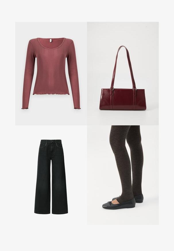 Top met lange mouwen in zachtroze, met geribbelde textuur, ronde halslijn, gegolfde zoom en manchetten, gemaakt van zacht gebreid materiaal.; Zwarte jeans met wijd uitlopende pijpen, gemaakt van denim, met een klassieke vijf-pocket design en decoratieve studded details nabij de voorkruiszakken.; Benen met donkere geribbelde leggings gecombineerd met zwarte ballerina's met kleine strikdetails op een witte achtergrond.; Bourgondische handtas van glanzend materiaal, rechthoekige vorm, met twee schouderbanden en subtiele gebogen accenten aan de voorkant.