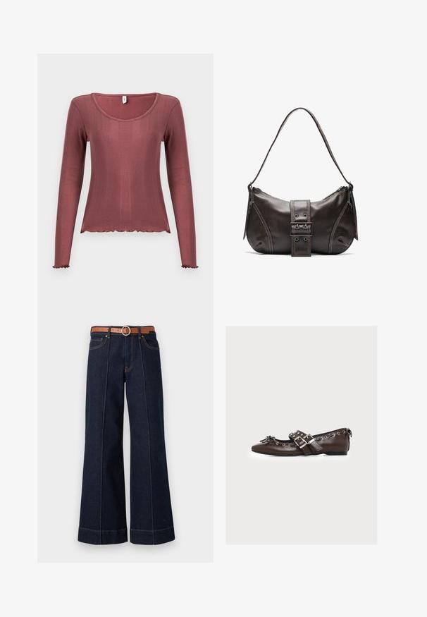 Top de manga larga en color rosa polvoriento, textura acanalada, escote redondo, dobladillo y puños con borde ondulado, confeccionado con material de punto suave.; Jeans de mezclilla de un azul oscuro, de pierna ancha y con una cintura alta, cinturón marrón y detalles de costura visibles. Incluye bolsillos delanteros y un ajuste relajado.; Zapato plano de cuero marrón con doble correa con hebilla plateada, cordones decorativos a lo largo de los bordes y un pequeño lazo en la puntera puntiaguda.; Bolso de hombro de cuero marrón con forma curva, que presenta un prominente detalle de hebilla, costuras en contraste y una sola correa para el hombro.