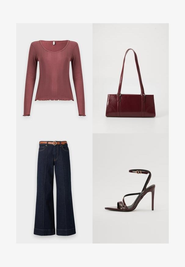 Top met lange mouwen in zachtroze, met geribbelde textuur, ronde halslijn, gegolfde zoom en manchetten, gemaakt van zacht gebreid materiaal.; Donkerblauwe denim wijde pijpen jeans met een hoge taille, een brown riem en zichtbare stikseldetails. Bevat voorzakken en heeft een relaxed fit.; Bordeaux gepatineerde leren hoge hakken sandaal met een enkelbandje, puntige neus en drie horizontale banden over de voet. Details met gouden gesp.; Bourgondische handtas van glanzend materiaal, rechthoekige vorm, met twee schouderbanden en subtiele gebogen accenten aan de voorkant.