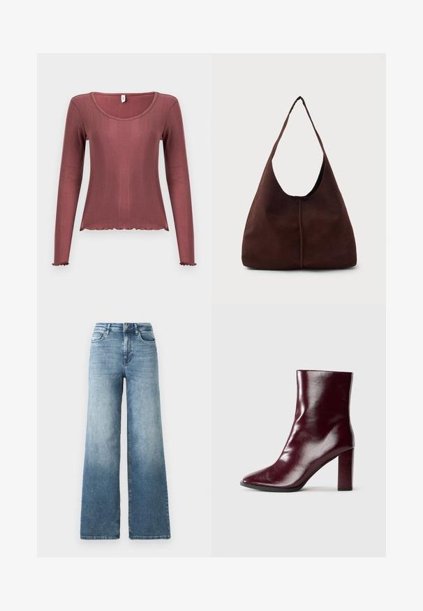 Langærmet top i støvet rosa med ribbet tekstur, rundudskæring, bølget kant forneden og ved manchetten, lavet af blødt strikmateriale.; Vide ben jeans i lys blå vask, med høj talje, fem-lomme design og subtil falmen på stoffet. Klassisk metalknap lukning.; Skinnende mørk bordeaux læderstøvle til midt på læggen med spids tå og blokeret høj hæl på neutral baggrund.; Brun suedette hobo taske med en stor, buet åbning og en bred skulderrem. Har en centreret søm på forsiden. Glat tekstur.