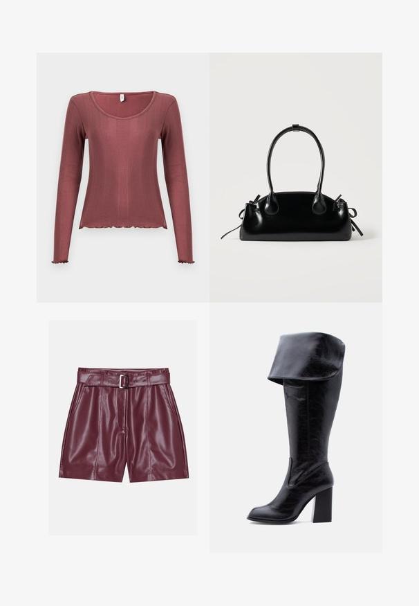 Haut à manches longues couleur rose poudré, texture côtelée, encolure dégagée, ourlets et poignets festonnés, confectionné en matière tricotée douce.; Shorts en simili cuir bordeaux avec une large taille, une ceinture avec une boucle en argent et des plis à l'avant pour une silhouette décontractée.; Botte haute en cuir noir avec talon, bord plié et bout arrondi, debout sur un fond blanc.; Petit sac à main noir brillant avec deux longues anses et des détails à cordon sur les côtés sur un fond clair uni.