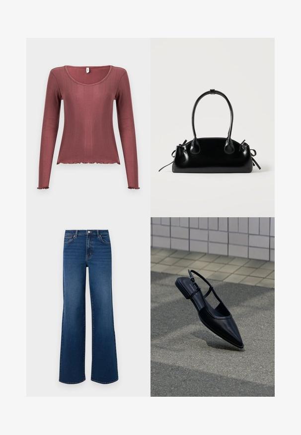 Langærmet top i støvet rosa med ribbet tekstur, rundudskæring, bølget kant forneden og ved manchetten, lavet af blødt strikmateriale.; Vidde ben denim jeans i mørkeblå med en tekstureret overflade, der har en knaplukning, fem lomme-design og lige kant.; Sort slingback-flad sko med spids tå, svævende over en asfaltflade ved siden af en flisebelagt fortov.; Lille sort blank håndtaske med to lange håndtag og snøre-detaljer i siden på en ensfarvet lys baggrund.