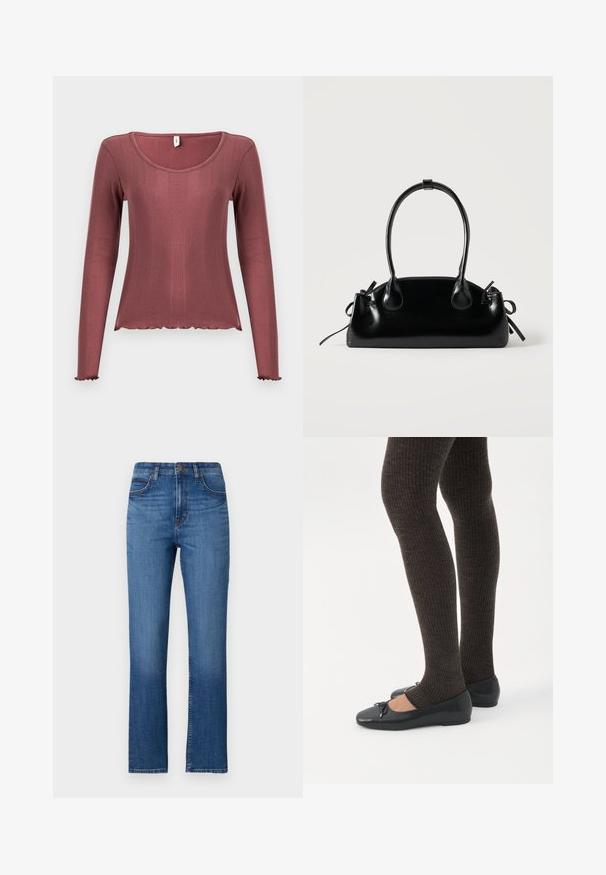 Top met lange mouwen in zachtroze, met geribbelde textuur, ronde halslijn, gegolfde zoom en manchetten, gemaakt van zacht gebreid materiaal.; Blauw denim jeans met een rechte pasvorm, hoge taille, vijf zakken en subtiele stiksels langs de naden. Glad oppervlak.; Benen met donkere geribbelde leggings gecombineerd met zwarte ballerina's met kleine strikdetails op een witte achtergrond.; Kleine zwarte glanzende handtas met twee lange hengsels en zijkant trekkoord details op een effen lichte achtergrond.