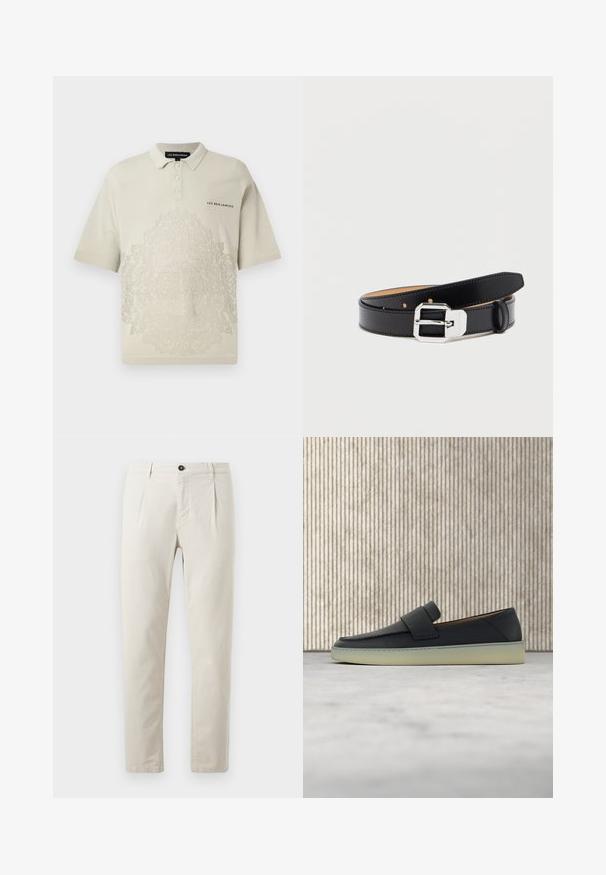 Les Benjamins Poloshirt - neutral nude; Beige katoenen broek met een recht-pijpen ontwerp, uitgerust met een enkele zwarte knoopsluiting en twee voorzakken. Glad van structuur.; Zwarte leren loafer met witte zool, rustend op een beige tapijt naast een ronde bruine houten tafelpoot.; Zwart leren riem met een glanzende zilveren rechthoekige gesp, voorzien van een glad oppervlak en meerdere verstelgaatjes langs de lengte.