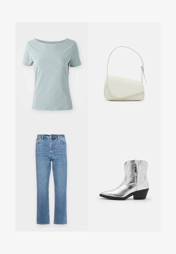 T-shirt en coton bleu clair à manches courtes, avec un large décolleté et une coupe décontractée. Épaules sans coutures et texture douce et lisse.; Jean en denim bleu clair avec une coupe droite, cinq poches, fermeture à bouton à l'avant et décoloration subtile sur le tissu.; Bottes de cowboy en cuir argenté avec un bout pointu, des détails brodés sur la tige et un talon noir modéré. Surface lisse et brillante.; Sac à main en cuir synthétique blanc avec une forme triangulaire structurée, une bandoulière unique réglable et un rabat à courbes accentuées.