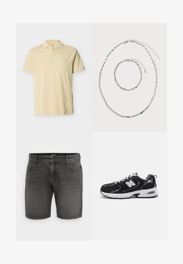 Beiges Polohemd mit kurzen Ärmeln, einem gerippten Kragen, einem V-förmigen Halsausschnitt und einem dezenten bestickten Logo auf der linken Brust.; Schwarze Jeansshorts mit einem klassischen Fünf-Taschen-Design, Knopfverschluss und gestickten Akzenten. Hergestellt aus strapazierfähigem Baumwollmaterial.; Schwarze und graue Sportschuhe mit Obermaterial aus Mesh und Wildleder, ausgestattet mit einer weißen Zwischensohle, Schnürsenkeln und einem markanten "N"-Logo an der Seite.; Silberne verdrehte Kettenhalskette und passendes Armband mit verstellbaren Verschlüssen, flach auf einem weißen Hintergrund ausgelegt.