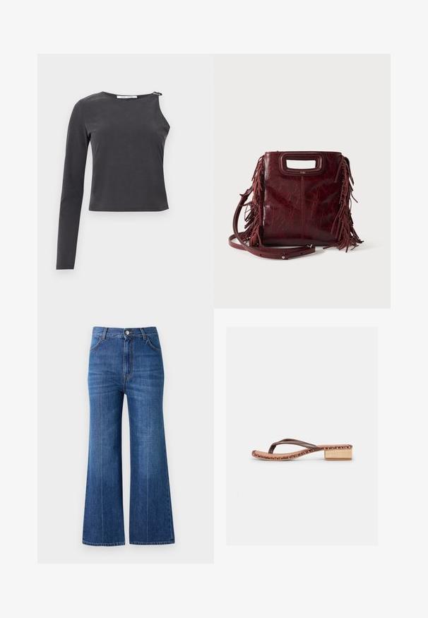Sort asymmetrisk bluse med lange ærmer, hvor den ene side har et helt ærme, og den anden er ærmeløs med en lynlåsdetalje ved skulderen.; Bredde ben jeans i mørkeblå denim, med høj talje, diskret slidte detaljer og klassisk fem-lomme-design. Syet med kontrasttråd.; Brun læder remsandale med flettet kantdetalje og lav blokhæl i naturlig flettet tekstur på hvid baggrund.; Firkantet burgunderfarvet læderhåndtaske med udskåret håndtag, sideskvaster og justerbar skulderrem på ensfarvet baggrund.