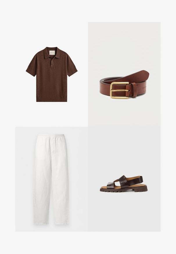 Polo en maille marron à manches courtes avec col, patte à deux boutons, poignets et ourlet côtelés, étiqueté GANT à l’intérieur du col.; Pantalon blanc ample avec taille élastique et jambes droites, confectionné en tissu léger.; Sandale en cuir marron à semelle plate, design à brides croisées et semelle intérieure rembourrée ; présente des accents cousus et une bride au talon pour le maintien.; Ceinture en cuir marron avec boucle rectangulaire dorée, roulée sur un fond blanc uni.