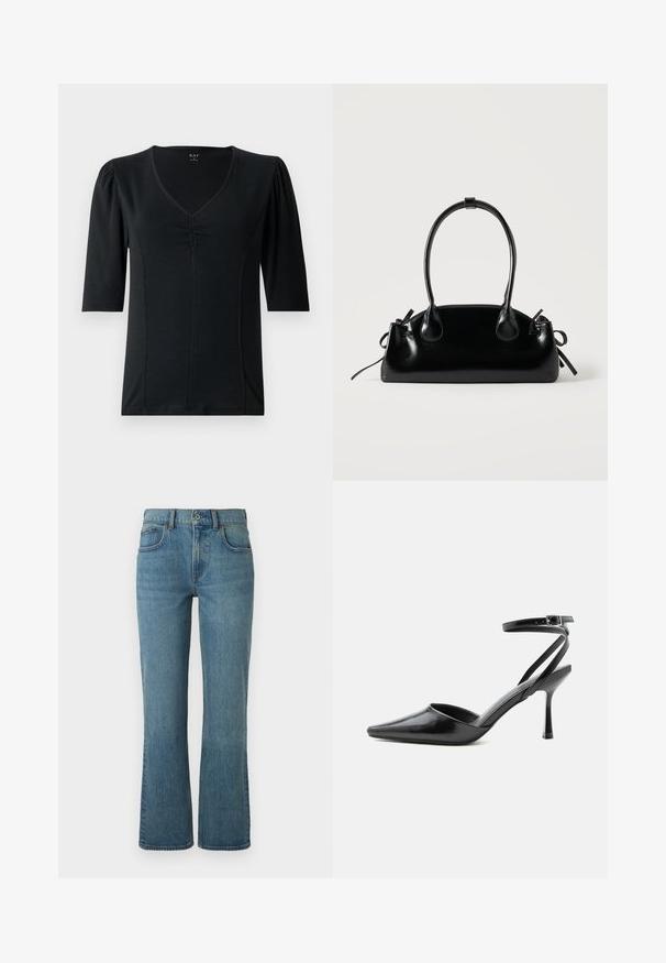 Sort kortærmet top med v-hals, der har samling i midten foran og glat, strækbart stof.; Lysblå flagrende jeans lavet af denim, med fem lommer, en frontknaplukning og subtil fading for tekstur.; Sort spids højhælet sko med tynde ankelremme og sølvspænde på en ensfarvet lys baggrund.; Lille sort blank håndtaske med to lange håndtag og snøre-detaljer i siden på en ensfarvet lys baggrund.