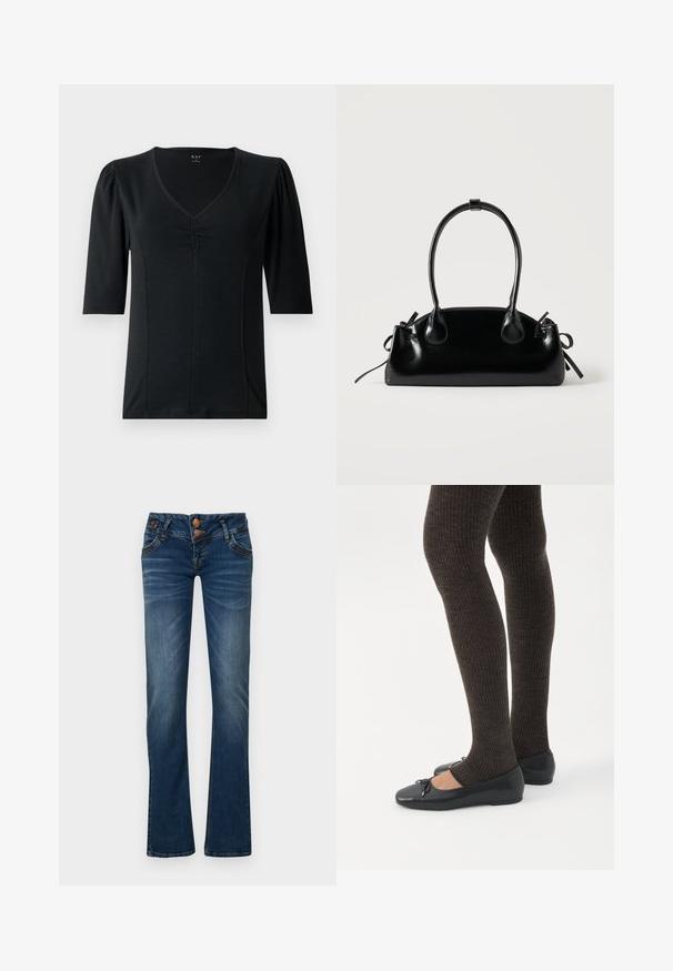 Čierny top s krátkym rukávom a výstrihom do V, s našívanými detailmi v strede a hladkým, pružným materiálom.; Tmavomodré bootcut džíny s dvoma prednými gombíkmi, piatimi vreckami a jemným vyblednutím na stehnách a kolenách.; Nohy v tmavých pásikavých legínach v kombinácii s čiernymi balerínkami s malými mašličkami na bielom pozadí.; Malá čierna lesklá kabelka s dvoma dlhými rúčkami a bočnými šnúrkovými detailmi na jednoduchom svetlom pozadí.