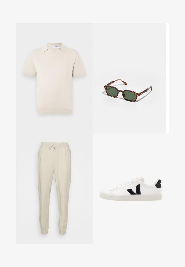 Polo en maille à manches courtes de couleur crème avec un col en V et un design à col. Comprend des poignets et un ourlet côtelés, texture lisse.; Jogging en lin beige avec une taille élastique et un cordon de serrage ajustable, présentant des poignets élastiques et une coupe relaxée. Texture lisse.; Sneaker blanche en cuir avec des accents en daim noir ; dispose d'une semelle en caoutchouc, d'un bout rond et d'un design classique à lacets. Logo latéral en noir.; Lunettes de soleil en écaille de tortue avec des verres verts, présentant une forme octogonale et des branches minces et courbées. Le matériau a une finition brillante.