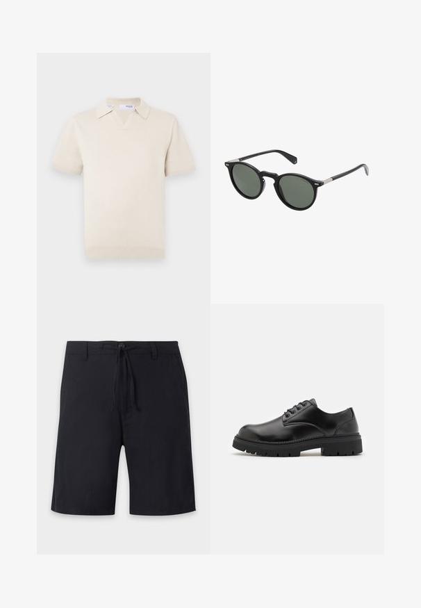 Polo en maille à manches courtes de couleur crème avec un col en V et un design à col. Comprend des poignets et un ourlet côtelés, texture lisse.; Shorts noirs longueur genoux avec passants de ceinture, fermeture à bouton et cordon ajustable à la taille.; Chaussures en cuir noir avec un bout rond, un laçage et une semelle en caoutchouc épaisse et texturée. Présente des coutures le long du bord et une finition lisse.; Lunettes de soleil rondes noires avec des verres verts foncés, monture en plastique et accents en métal sur les branches. Texture lisse, design minimaliste.