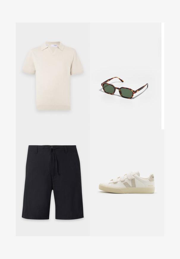 Polo de punto de manga corta color crema con cuello en V y diseño con cuello. Cuenta con puños y dobladillo acanalados, textura suave.; Pantalones cortos negros hasta la rodilla con trabillas para cinturón, cierre con botón y cordón ajustable en la cintura.; Zapatillas de cuero blancas con correas de Velcro, acentos beige, punta redondeada, suela de goma texturizada y logo en relieve. Diseño minimalista.; Gafas de sol carey con lentes verdes, de forma octagonal y con patillas delgadas y curvas. El material tiene un acabado brillante.