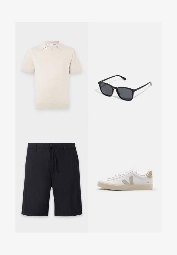 Cremefarbener, kurzärmeliger Strick-Poloshirt mit V-Ausschnitt und Kragen. Verfügt über gerippte Bündchen und Saum, glatte Textur.; Schwarze knielange Shorts mit Gürtelschlaufen, Knopfverschluss und verstellbarem Kordelzug in der Taille.; Weiße Ledersneaker mit beigen Akzenten, flacher Gummisohle, runder Zehenpartie und kontrastierendem Logo an der Seite und Rückseite. Mit Schnürdesign.; Schwarze rechteckige Sonnenbrille mit dunklen Gläsern, schlanken Kunststoffgestellen und geraden Bügeln. Mit einem subtilen Logo an der Seite.