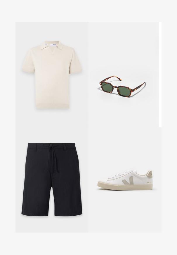 Roomkleurige korte mouw gebreide polo met een V-hals en kraagontwerp. Heeft geribbelde boorden en zoom, gladde textuur.; Zwarte knielange shorts met riemlussen, een knoopsluiting en een verstelbaar trekkoord in de taille.; Witte leren sneaker met beige accenten, platte rubberen zool, ronde neus en contrasterend logo aan de zijkant en achterkant. Vetersluiting.; Tortoiseshell zonnebrillen met groene glazen, met een octagonaal formaat en slanke, gebogen armen. Materiaal heeft een glanzende afwerking.