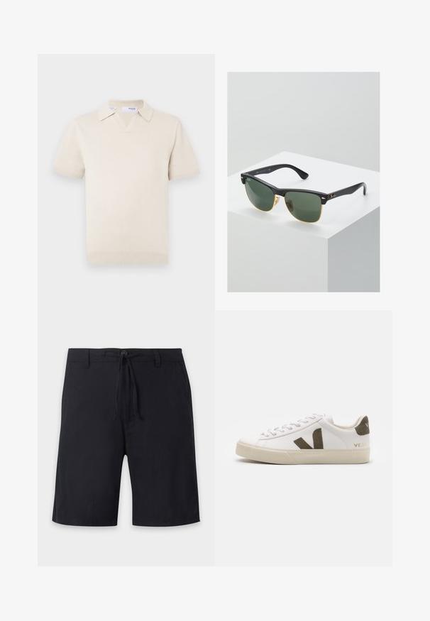 Roomkleurige korte mouw gebreide polo met een V-hals en kraagontwerp. Heeft geribbelde boorden en zoom, gladde textuur.; Zwarte knielange shorts met riemlussen, een knoopsluiting en een verstelbaar trekkoord in de taille.; Witte leren sneakers met een lichtbeige rubberen zool. Voorzien van een bruine suède V-logo en hieltab. Gespsluiting met een gestructureerd oppervlak.; Ray-Ban zonnebrillen met groene lenzen, zwarte plastic monturen en gouden accenten aan de randen. Vierkante vorm met een matte afwerking.