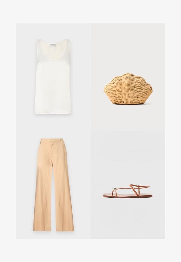 Débardeur sans manches en satin blanc avec un col rond et une texture lisse, présentant un léger éclat et des bords nets.; Pantalons larges beiges en coton, dotés d'une fermeture éclair à l'avant, d'une fermeture à bouton et de deux poches latérales avec une texture lisse.; Loeffler Randall LARA STRAPPY - Sandales tongs - timber; Sac à main en rotin tissé en forme de coquille Saint-Jacques de couleur brun clair naturel avec des bords arrondis et texturés.