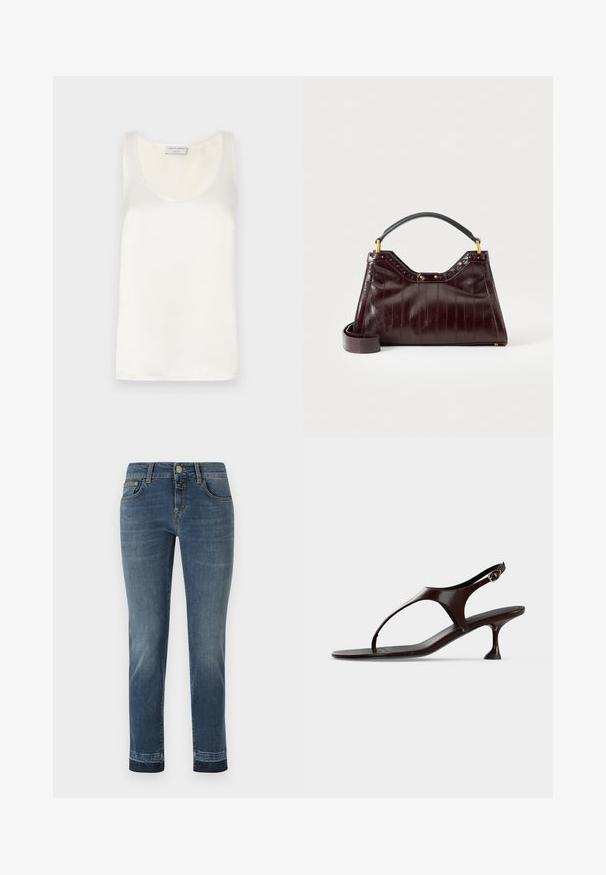 Weißes Satin-Ärmelloses Tanktop mit rundem Ausschnitt und glatter Textur, subtiler Glanz und saubere Kanten.; Dunkelblaue Jeans aus Denim mit geradem Bein, klassischem Knopfverschluss und fünf Taschen. Leichte Ausbleichungen an den Oberschenkeln.; Dunkelbraune Lackleder-Slingback-Sandale mit kittenabsatz und Zehensteg auf weißem Hintergrund.; Dunkelburgunderrote Lederhandtasche mit strukturiertem Muster, schwarzem Tragegriff oben, goldenen Beschlägen und abnehmbarem Schulterriemen vor weißem Hintergrund.