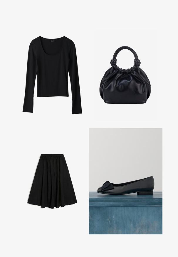 Haut noir à manches longues avec un décolleté en forme de scoop, en tissu léger, coupe ajustée et ourlet droit, présentant une texture lisse.; Jupe midi noire en A avec taille élastique et plis subtils, présentée sur fond blanc.; Ballerines en cuir noir avec un bout arrondi, dotées d'un cap en cuir verni et d'un accent de nœud en tissu à l'avant. Talon bas et robuste.; Sac à main en cuir noir souple avec le dessus froncé et deux grosses poignées nouées sur un fond uni clair.