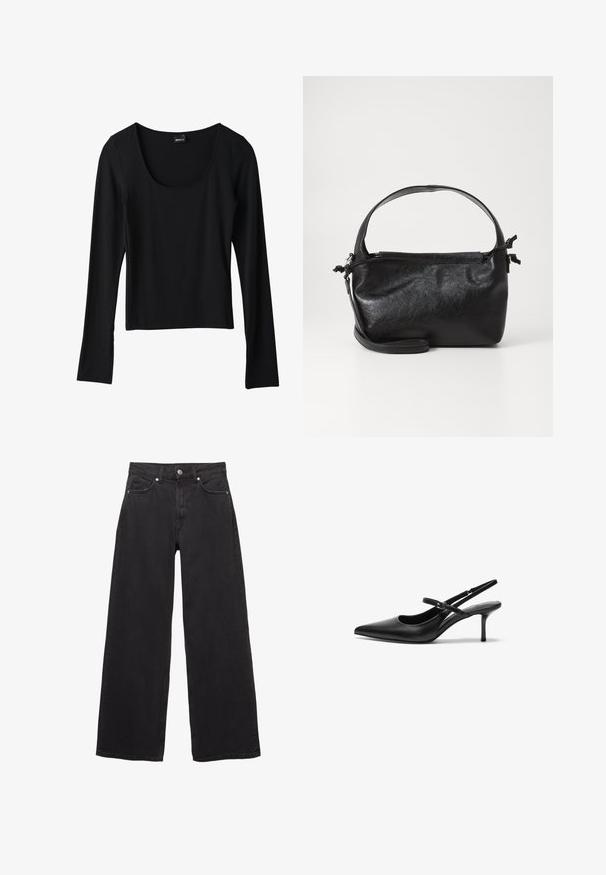 Haut noir à manches longues avec un décolleté en forme de scoop, en tissu léger, coupe ajustée et ourlet droit, présentant une texture lisse.; Jeans larges noirs en denim, avec une taille haute, cinq poches, une fermeture à bouton et des détails de couture discrets.; Talons aiguilles noires en cuir avec un bout pointu, une fine bride réglable, et un talon aiguille d'environ 5 cm, texture lisse.; Sac à main en cuir noir au design structuré, avec une poignée arrondie et une bandoulière amovible. Présente une texture lisse et un éclat subtil.