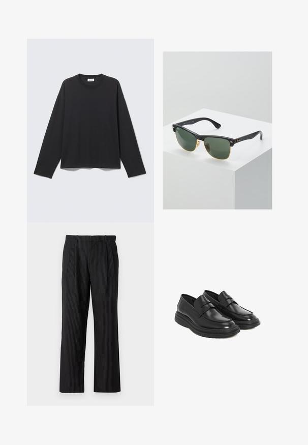 Sort langærmet t-shirt med rund hals og enkel, løs pasform, vist fladt mod en lys grå baggrund.; Jack & Jones Classic Wide Leg Fit - Bukser - black; Sorte læder loafers med en rund tå, syet detaljer og en platform gummisål. Har en dekorativ rem tværs over vamps.; Ray-Ban solbriller med grønne linser, sorte plastikstel og gyldne detaljer ved kanterne. Firkantet form med mat finish.