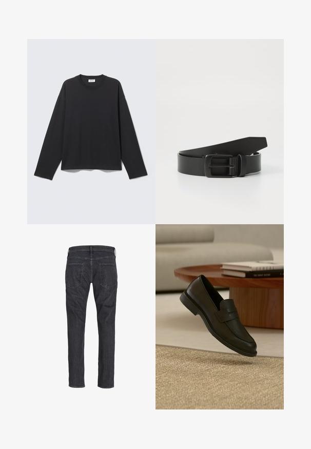 Schwarzes Langarmshirt mit Rundhalsausschnitt, einfachem, lockerem Schnitt, flach auf hellgrauem Hintergrund dargestellt.; Dunkelgraue Jeans mit geradem Bein, von hinten gezeigt, mit zwei Gesäßtaschen und Gürtelschlaufen am Bund.; Schwarzer Lederloafer-Schuh schwebt über einem beige gewebten Teppich, mit einem Holztisch und gestapelten Büchern in einem sanft beleuchteten Wohnzimmer.; Schwarzer Leder Gürtel mit einer mattschwarzen Metallschließe, ausgestattet mit einer glatten Textur und einfachem Design. Verstellbare Länge mit zulaufendem Ende.