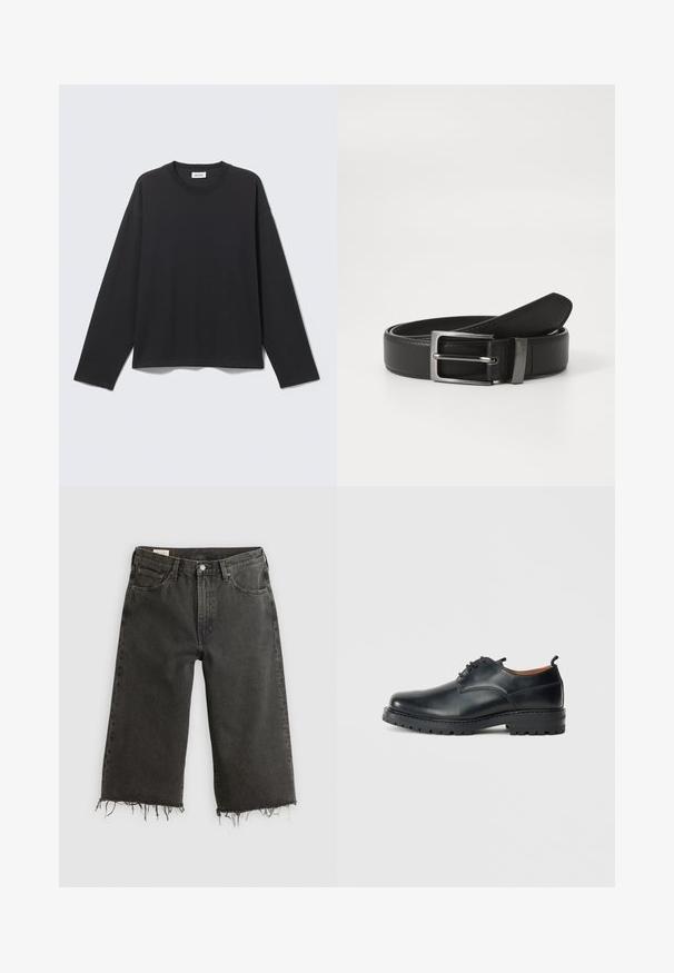Sort langærmet t-shirt med rund hals og enkel, løs pasform, vist fladt mod en lys grå baggrund.; Sorte jeans med rå kant og vid ben, lavet af denim, og med fem lommer samt metalknaplukning. Texturen er en smule grov.; Sorte læder derby-sko med en glat overflade, rund tå, snøre-design og en tyk, robust gummisål.; Sort læderbælte med en sølvmetal spænde, der har en glat overflade og et klassisk design. Bæltet er pænt foldet.