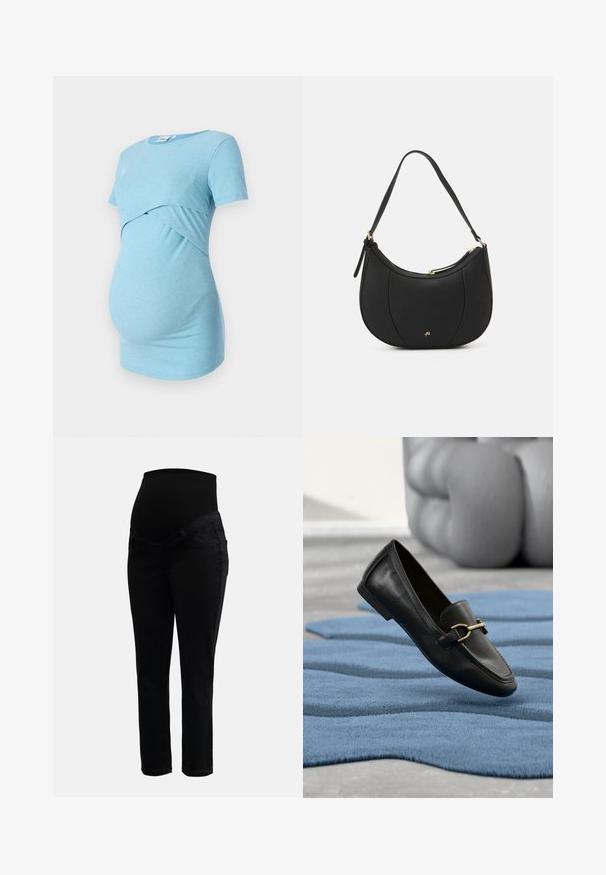 Un haut de maternité bleu clair à côtes avec des manches courtes et un design croisé à la taille, conçu pour le confort et l'élasticité.; Jeans de maternité noirs avec une taille haute extensible et des jambes slim, conçus pour le confort et le soutien pendant la grossesse.; Mocassin en cuir noir avec détail boucle dorée flottant au-dessus d'un tapis bleu texturé, coussin gris doux flou en arrière-plan.; Sac à main en cuir noir avec une forme courbée, surface texturée, coutures avant et un logo doré. Il est doté d'une seule sangle ajustable.